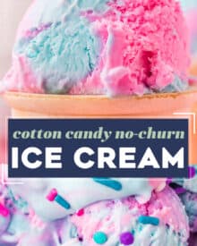 Rich and creamy ice cream is flavored with cotton candy extract, and dyed vibrant "cotton candy style" colors, for a fun summer dessert. This frozen treat is so simple to make, and no ice cream maker is required!