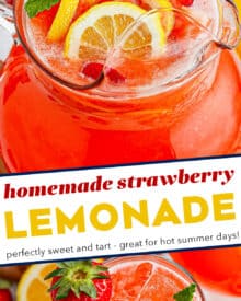 Cool down with the ultimate summer drink… strawberry lemonade!  Homemade simple syrup combined with pureed ripe strawberries and mixed with refreshing homemade lemonade. This refreshing drink is made with only 4 ingredients (including water), and it's a great way to use up ripe berries!