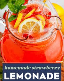 Cool down with the ultimate summer drink… strawberry lemonade!  Homemade simple syrup combined with pureed ripe strawberries and mixed with refreshing homemade lemonade. This refreshing drink is made with only 4 ingredients (including water), and it's a great way to use up ripe berries!