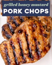 Pork chops are marinated in a simple marinade made with honey mustard, soy sauce, and garlic, then grilled until perfectly juicy and tender with some great char! Perfect for a family dinner, meal prep, and more!