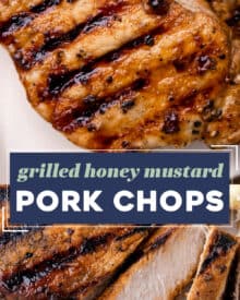 Pork chops are marinated in a simple marinade made with honey mustard, soy sauce, and garlic, then grilled until perfectly juicy and tender with some great char! Perfect for a family dinner, meal prep, and more!