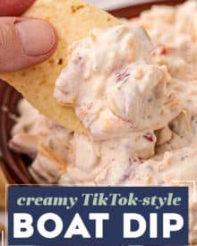 This creamy party-ready boat dip is a fun twist on the TikTok classic. You'll only need a handful of ingredients and no fancy tools, and you'll have a cool, creamy, and ultra-flavorful ranch dip that is perfect for any party, or for taking to the pool, lake, or beach!