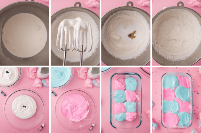 step by step photo collage of how to make cotton candy no churn ice cream.