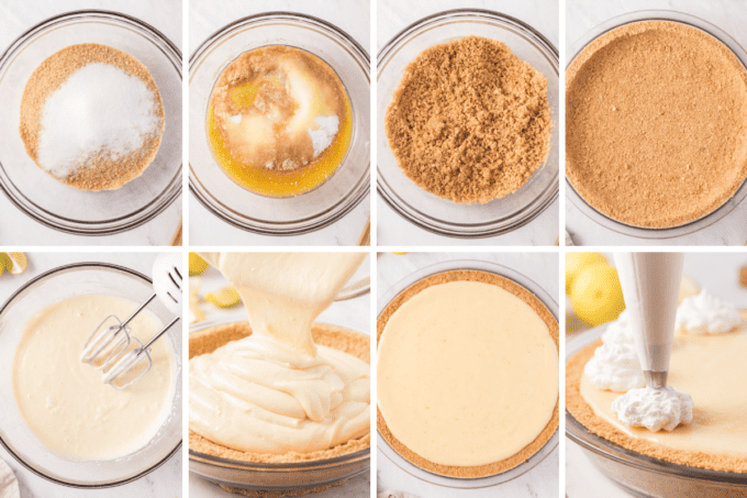 step by step photo collage of how to make key lime pie in a graham cracker crust.
