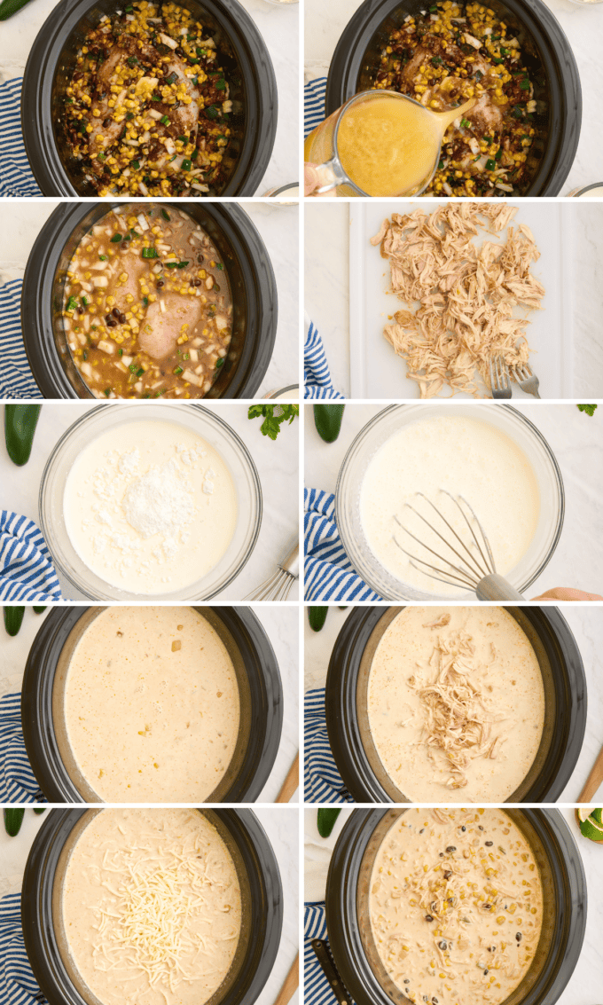 step by step photo collage of how to make chicken corn chowder.