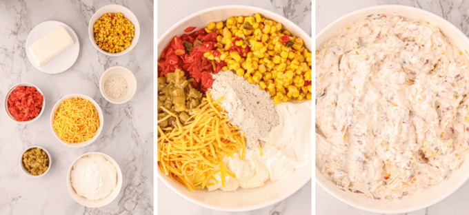 step by step photo collage of how to make rotel ranch dip.