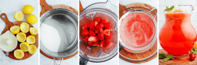 Step by step photo collage of how to make strawberry lemonade.
