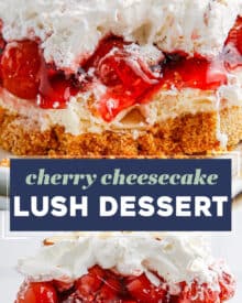 This cherry cheesecake lush is layer upon layer of a flavorful summer dessert! A buttery graham cracker crust layer, topped with a layer of rich no-bake cheesecake, a layer of thick and sweet/tart cherry pie filling, and is finished off with a layer of sweetened whipped cream and sliced almonds.