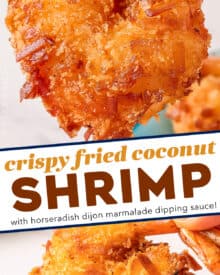 Fried coconut shrimp are made with a crunchy golden brown, slightly sweet coating, fried until perfectly crisp on the outside and juicy inside. Pair them with a spicy and sweet horseradish marmalade sauce and you'll have a mouthwatering tropical seafood dinner or appetizer!