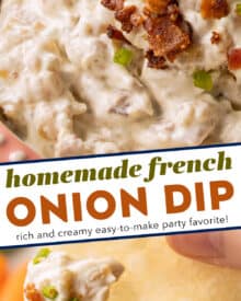 Once you try homemade french onion dip, you'll never want dip made from a packet again! Rich and creamy, with plenty of sweet golden brown caramelized onions and savory bacon pieces. It's the perfect dip for a party, and great to make ahead!