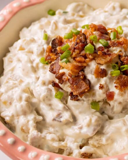 Once you try homemade french onion dip, you'll never want dip made from a packet again! Rich and creamy, with plenty of sweet golden brown caramelized onions and savory bacon pieces. It's the perfect dip for a party, and great to make ahead!