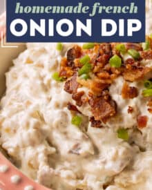 Once you try homemade french onion dip, you'll never want dip made from a packet again! Rich and creamy, with plenty of sweet golden brown caramelized onions and savory bacon pieces. It's the perfect dip for a party, and great to make ahead!