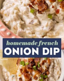 Once you try homemade french onion dip, you'll never want dip made from a packet again! Rich and creamy, with plenty of sweet golden brown caramelized onions and savory bacon pieces. It's the perfect dip for a party, and great to make ahead!