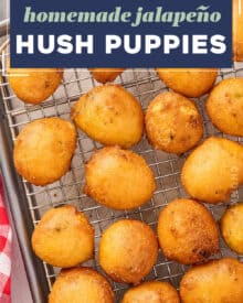 Tender balls of slightly sweetened cornmeal batter studded with fresh jalapeño peppers are fried until perfectly golden brown and tender! Homemade hush puppies are amazing as a side dish alongside so many meals, but especially seafood (fried seafood in particular).
