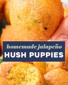 Tender balls of slightly sweetened cornmeal batter studded with fresh jalapeño peppers are fried until perfectly golden brown and tender! Homemade hush puppies are amazing as a side dish alongside so many meals, but especially seafood (fried seafood in particular).