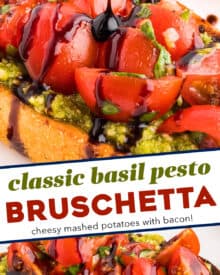 Crisp golden brown baguette slices are topped with a flavorful basil pesto, then a simple tomato bruschetta topping and drizzled with a sweet and tangy balsamic glaze. This is the ultimate summer appetizer, and sure to be a true crowd-pleaser!