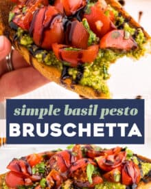 Crisp golden brown baguette slices are topped with a flavorful basil pesto, then a simple tomato bruschetta topping and drizzled with a sweet and tangy balsamic glaze. This is the ultimate summer appetizer, and sure to be a true crowd-pleaser!