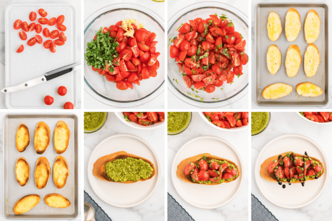 step by step photo collage of how to make pesto and tomato bruschetta.