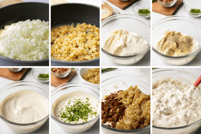 step by step photo collage of how to make onion dip.