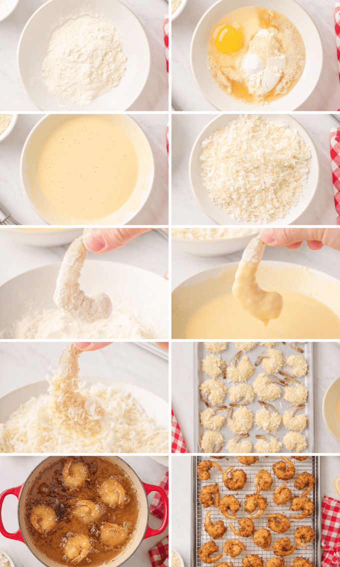 step by step photo collage of how to make fried coconut shrimp.