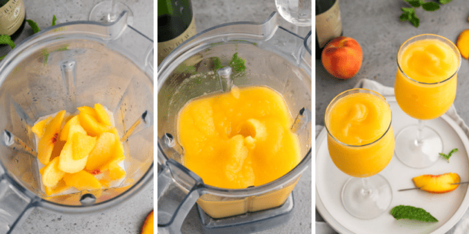 Step by step photo collage of how to make frozen peach bellini recipe.