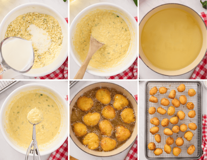 step by step photo collage of how to make homemade hush puppies.