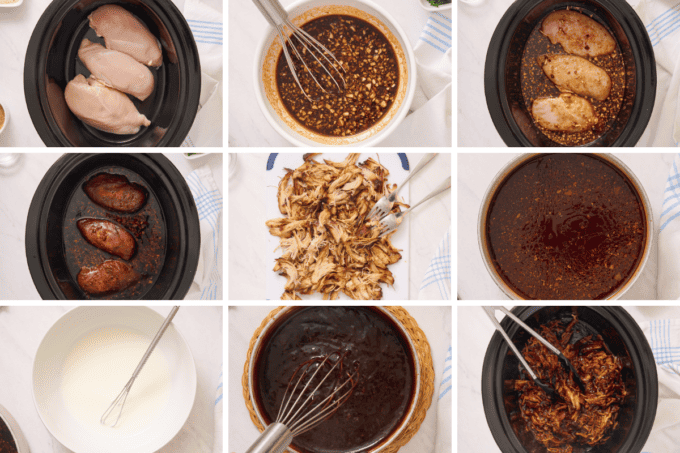 step by step photo collage of how to make slow cooker teriyaki chicken