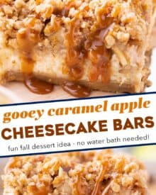 These cheesecake bars are made with an easy shortbread cookie crust, classic creamy cheesecake filling, cinnamon spiced apple pieces, and topped with a sweet crumble topping and decadent drizzle of caramel sauce!  Made easily in a regular baking dish, and with NO water bath, these bars take the difficulty out of making cheesecake!