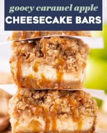 These cheesecake bars are made with an easy shortbread cookie crust, classic creamy cheesecake filling, cinnamon spiced apple pieces, and topped with a sweet crumble topping and decadent drizzle of caramel sauce!  Made easily in a regular baking dish, and with NO water bath, these bars take the difficulty out of making cheesecake!