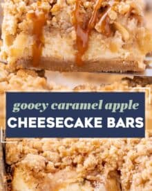 These cheesecake bars are made with an easy shortbread cookie crust, classic creamy cheesecake filling, cinnamon spiced apple pieces, and topped with a sweet crumble topping and decadent drizzle of caramel sauce!  Made easily in a regular baking dish, and with NO water bath, these bars take the difficulty out of making cheesecake!