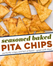 Skip the bag of thin unsatisfying pita chips from the grocery store and make your own homemade baked pita chips at home! They'll be a fraction of the price, and SO much more flavorful.