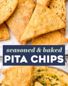 Skip the bag of thin unsatisfying pita chips from the grocery store and make your own homemade baked pita chips at home! They'll be a fraction of the price, and SO much more flavorful.