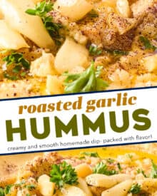 This homemade roasted garlic hummus recipe is creamy, light, and SO much better than store-bought. The sweet roasted garlic brings a bold burst of flavor, and using canned chickpeas eliminates the need for any soaking or peeling, so you can dip your pita chips or vegetables in this delicious dip in no time!
