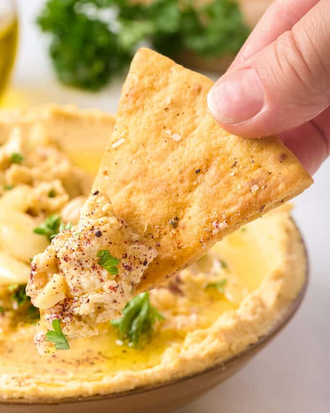 pita chip dipped in roasted garlic hummus recipe.