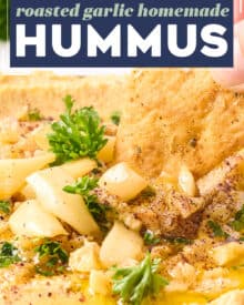 This homemade roasted garlic hummus recipe is creamy, light, and SO much better than store-bought. The sweet roasted garlic brings a bold burst of flavor, and using canned chickpeas eliminates the need for any soaking or peeling, so you can dip your pita chips or vegetables in this delicious dip in no time!