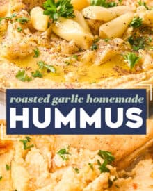 This homemade roasted garlic hummus recipe is creamy, light, and SO much better than store-bought. The sweet roasted garlic brings a bold burst of flavor, and using canned chickpeas eliminates the need for any soaking or peeling, so you can dip your pita chips or vegetables in this delicious dip in no time!