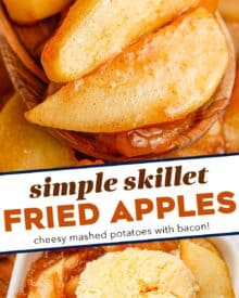 These buttery cinnamon fried apples are made easily in a skillet, and are absolutely perfect to have as a quick dessert (with a scoop of vanilla ice cream), a topping for pancakes, waffles, and more!