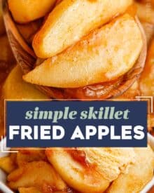 These buttery cinnamon fried apples are made easily in a skillet, and are absolutely perfect to have as a quick dessert (with a scoop of vanilla ice cream), a topping for pancakes, waffles, and more!