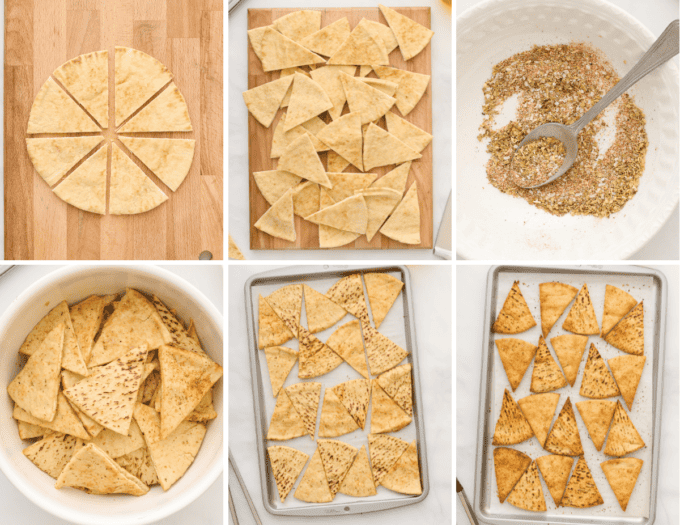step by step photo collage of how to make homemade pita chips.