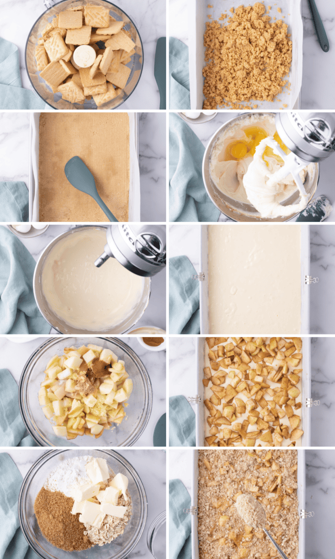 step by step photo collage of how to make caramel apple cheesecake bars