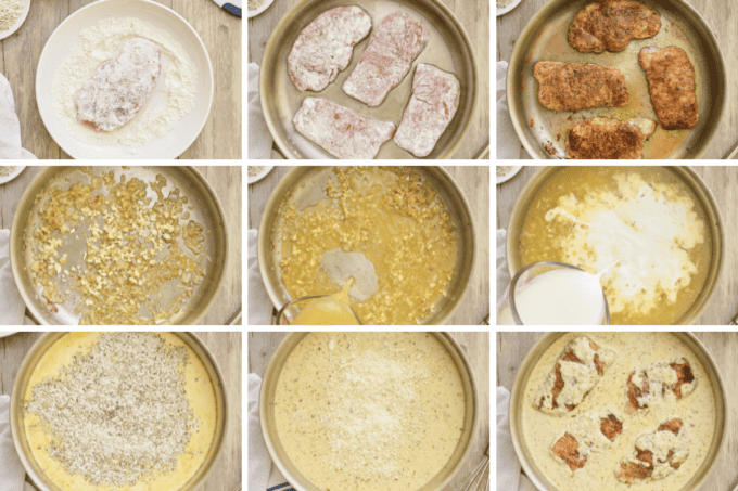 step by step photo collage of how to make ranch smothered pork chops.
