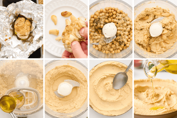 step by step photo collage of how to make roasted garlic hummus.