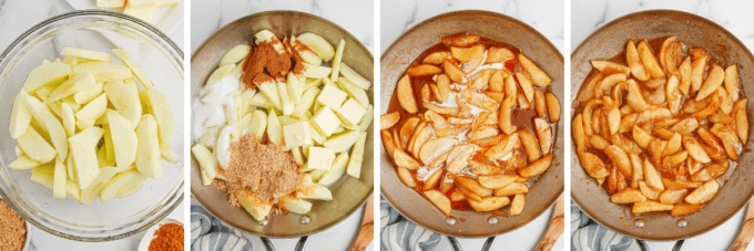 step by step photo collage of how to make fried apples in a skillet.
