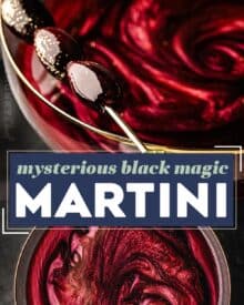 This spooky and mysterious black magic martini is made with just 4 ingredients (including optional garnishes) and is absolutely perfect for Halloween! Stir in edible luster dust to give your vodka martini eerie and mystical swirls!