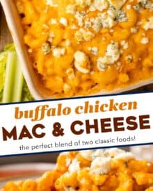 This buffalo chicken mac and cheese combines the ultra creaminess of mac and cheese, with all of your favorite flavors of buffalo chicken dip. It's the ultimate comfort food that comes together with minimal ingredients, and can easily be prepped ahead!