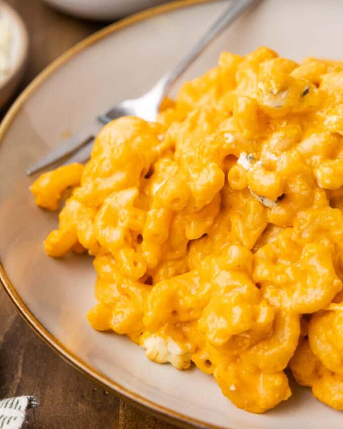 serving of buffalo chicken mac and cheese on a plate with a fork.