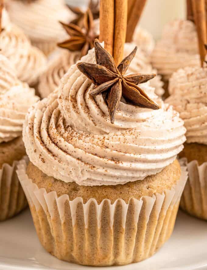 These Chai Latte Cupcakes are the perfect blend of fluffy, soft, and moist. Topped with a generous swirl of a chai-spiced buttercream frosting, they taste just like a chai latte from your favorite coffee shop, and are perfect for the Fall season!