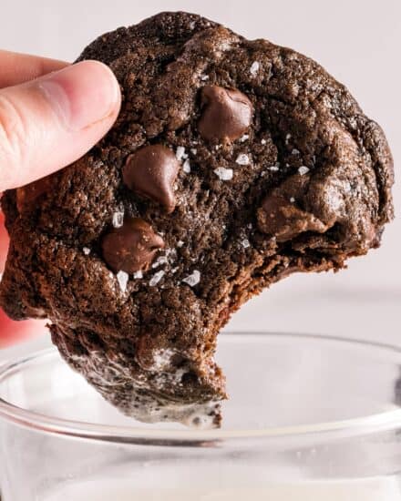 These soft and chewy double chocolate chip cookies are rich and intensely chocolatey thanks to the combination of cocoa powder, sweet chocolate chips, and bold espresso! Perfect for cookie exchanges, dessert trays, or a fun afternoon treat.