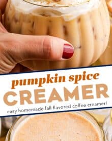 Perfectly spiced and sweetened, this homemade pumpkin spice coffee creamer is made with rich dairy, sweetened condensed milk, pumpkin, vanilla, and warm spices!  Perfect for Fall and Winter, it's the ultimate creamer for hot or iced coffee drinks, and way better than anything from the store!