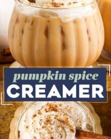 Perfectly spiced and sweetened, this homemade pumpkin spice coffee creamer is made with rich dairy, sweetened condensed milk, pumpkin, vanilla, and warm spices!  Perfect for Fall and Winter, it's the ultimate creamer for hot or iced coffee drinks, and way better than anything from the store!
